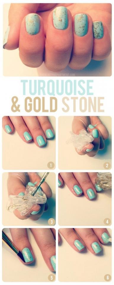 7. Get a turquoise and gold stone look using a plastic bag.