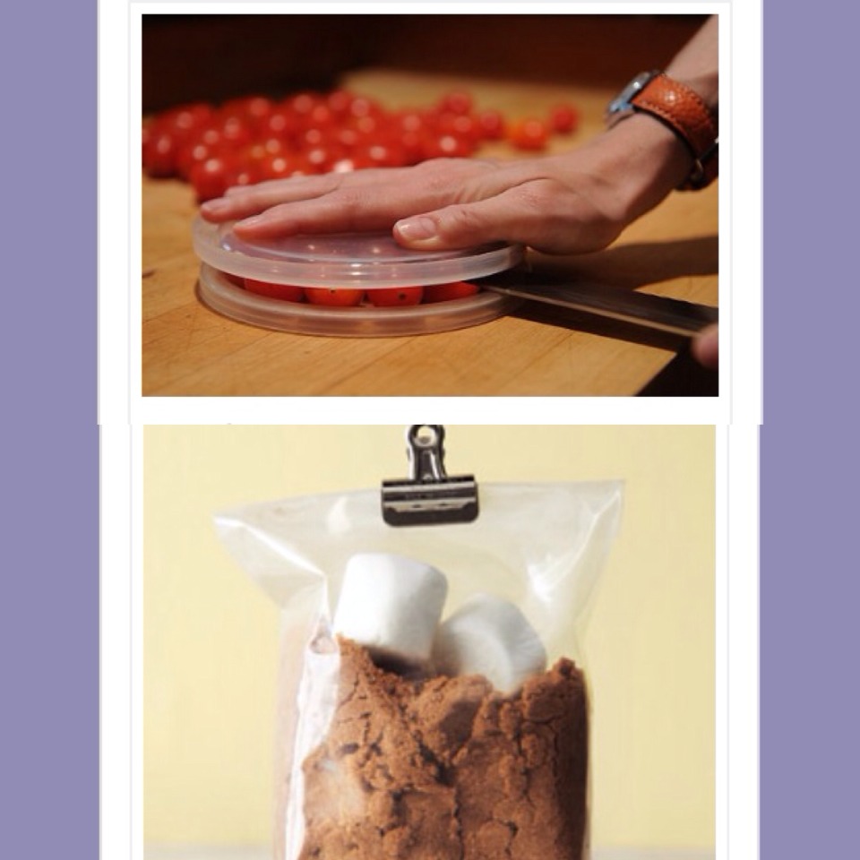 1. Slice cherry tomatoes by sandwiching them in between two plastic lids 
2. Place marshmallows in the same bag as brown sugar to keep it soft
