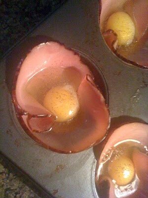 2) Crack an egg into each ham cup, and season with salt & pepper. (and paprika) Bake for 13 - 20 minutes, depending on how cooked you like your eggs. 