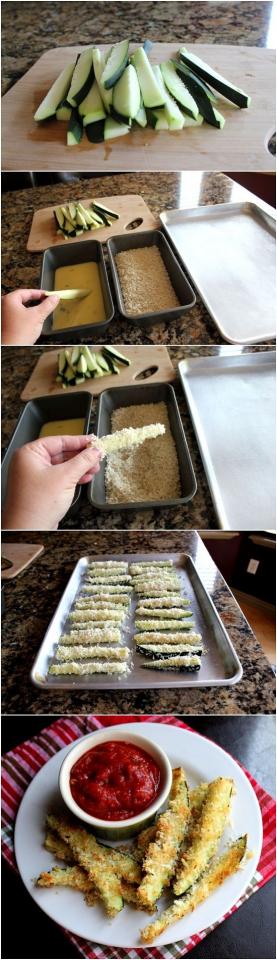 Instructions
Rinse and dry the zucchini. Cut the ends off and then cut each one into strips, approximately ⅓ inch thick.
Place the zucchini strips on a large zip top bag and add the flour and salt. Shake the bag to coat the zucchini in flour. In a wide, shallow bowl combine the panko bread crumbs, p