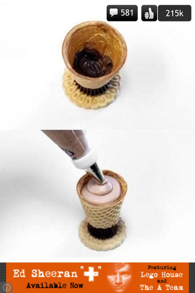 Now put icing on the top of the Reese's cup and put the top of the ice cream cone onto it. fill the ice cream cone with either chocolate icing or ice cream or any of your favorite desserts!