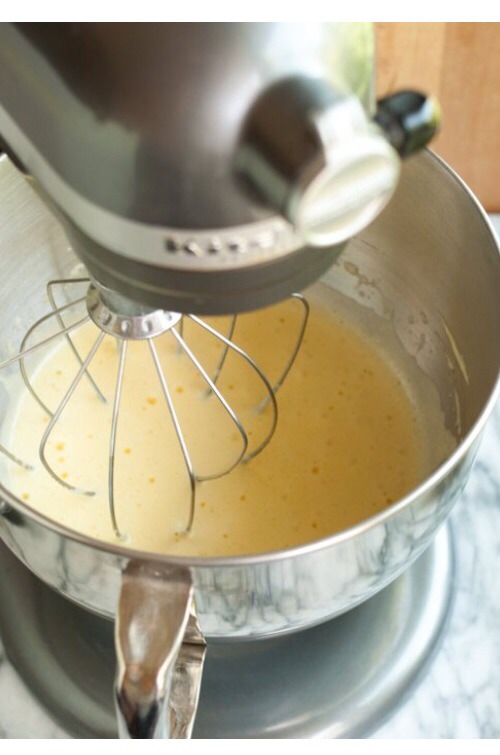 4. Whisk the eggs until they are a light yellow colour, billowy and have tripled in bulk (takes about 6-8 min but may take longer if a hand held mixer is used)