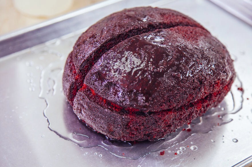 Carve your deep red velvet cake into a brain shape

Shower it in simple syrup. Gotta keep that brain fresh and moist!

