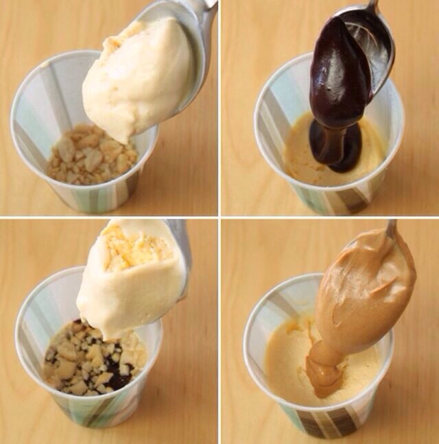 Layer in the peanuts, ice cream, chocolate pudding, and peanut butter. 