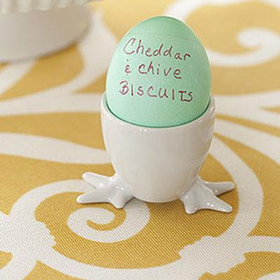Show What You're Serving for Dinner

Color hard-boiled or blown eggs with chalkboard dye, then use chalk or a felt-tip pen to label eggs. Display in egg cups.