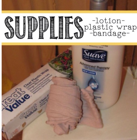 All you need is lotion (works best if it has ingredients from the ocean: Seaweed, kelp, mud) Saran or clear wrap, and a tensor bandage.