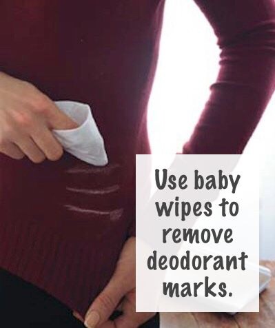 6. Removing Deodorant Stains
This happens ALL the time! Baby wipes are handy for so many things, which is why you should keep a pack near your closet to remove those evil white deodorant marks!