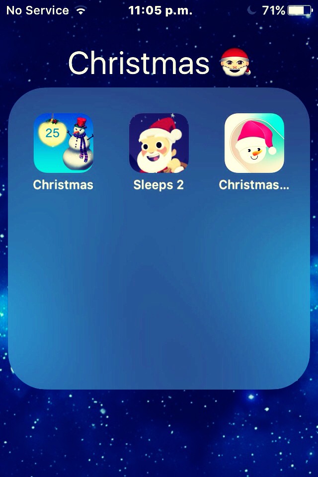 These are my Christmassy apps! 🎅🏼
Christmas❤️simple countdown to Christmas❤️
Sleeps 2💙shows you precisely how log there is to Christmas💙
Christmas background💚gives u fun Christmassy backgrounds for your phone💚