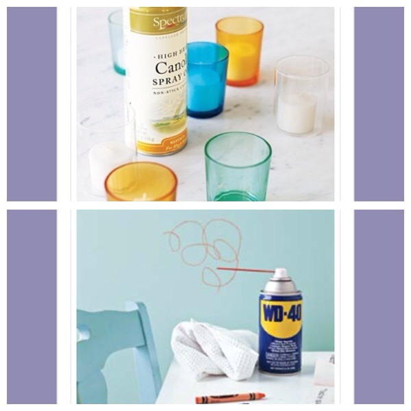33. Use non-stick cooking spray in votive holders to prevent wax from sticking to the sides 
34. WD40can be used to remove crayon marks on any surface