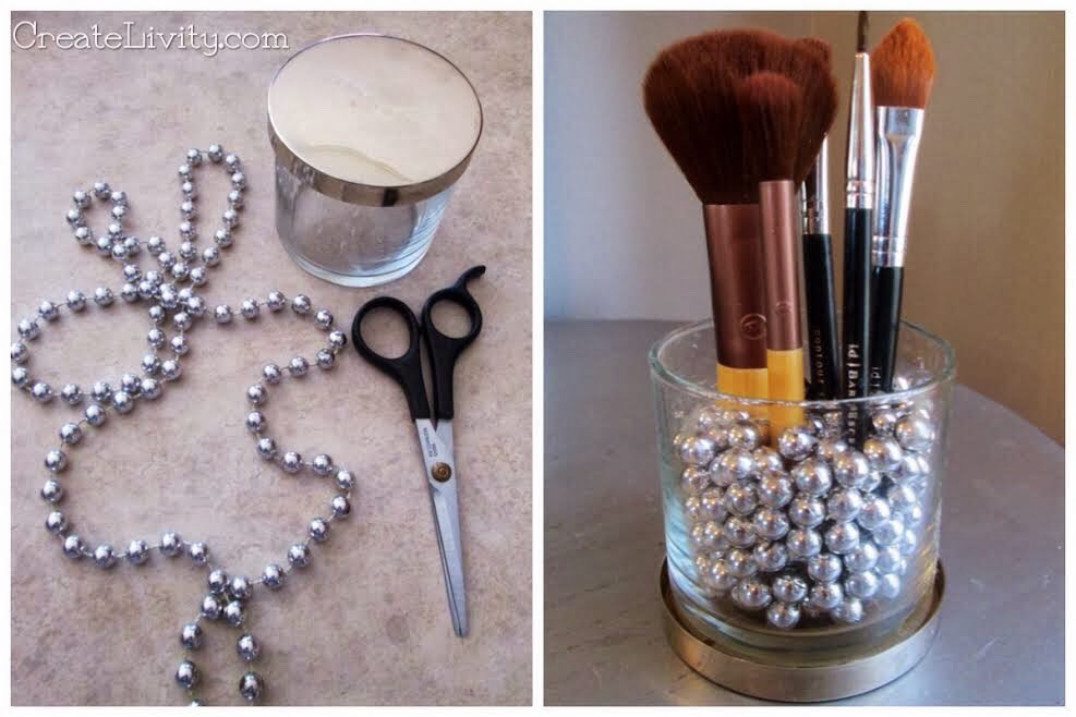 Take a candle container and use it as a brush holder. You can even decorate it
