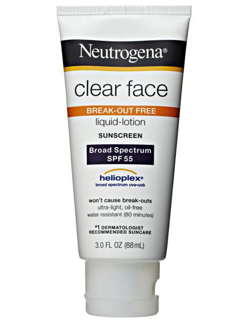 Neutrogena Clear Face Liquid Lotion Sunscreen Broad Spectrum SPF 55, $13
"Very effective sunscreen. Leaves skin feeling clean, lightweight. Has matte finish. Use a moisturizer underneath if you have extreme dry skin"